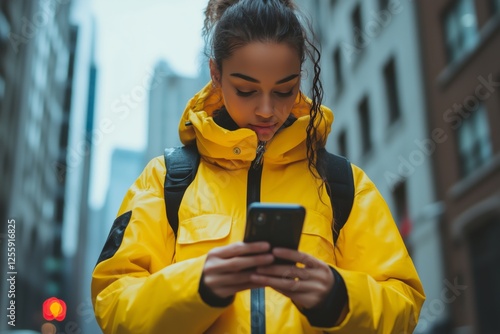 Young woman in bright yellow jacket using smartphone on city street during ov...