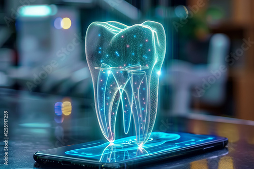 Futuristic Digital Dental Hologram Technology Displayed from Smartphone in Modern Medical Environment with Blue Light Effects and Virtual Interface Details photo