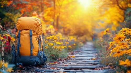 Colorful autumn hike with a yellow backpack along a wooden path through bloom...