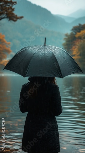 Woman standing by serene lake with umbrella during a rainy day in a mountain ...