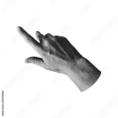 Halftone grainy pointing hand retro noise photocopy effect, vector diagonally arm forefinger gesture pixelated texture