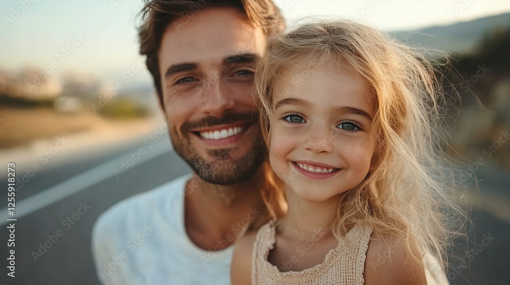 Fototapeta premium Father and daughter smiling together on a sunny day by the road during golden hour
