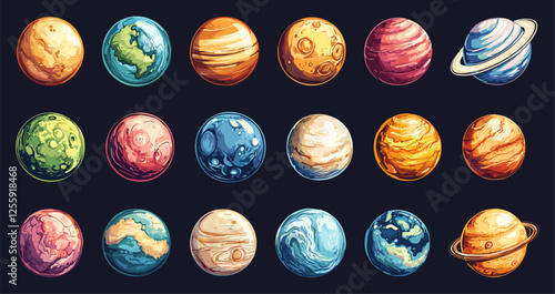 Cartoon Planets Icons Set Colorful Planet Illustrations Solar System Icons Space Exploration Planets with Faces Moon Stars Saturn Mars Earth Jupiter Cartoon Style Cosmic Objects