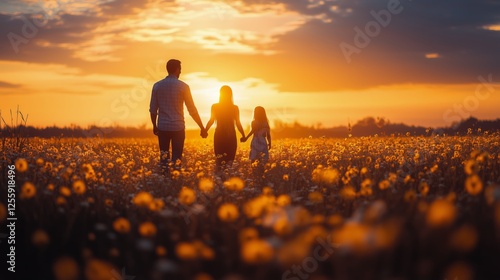 Family walking together at sunset in a blooming field