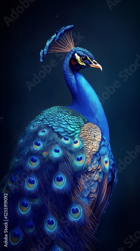 Majestic peacock displaying vibrant plumage against a dark background