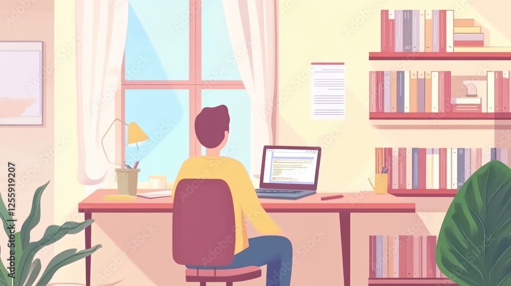 Illustration of a person working on a laptop in a cozy home office Illustration of a person working on a laptop in a cozy home office