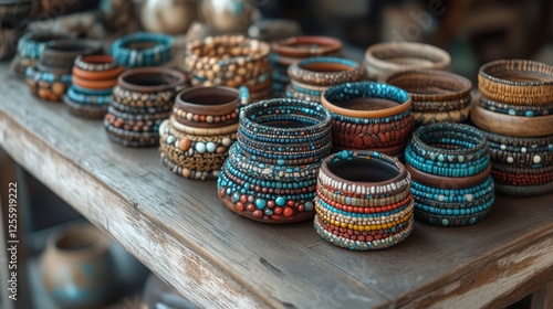 Colorful handcrafted bracelets displayed on a rustic wooden table in a artisa...