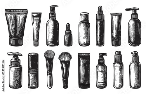 Cosmetics Icons Lotion Bottles Shampoo Cream Jar Makeup Brushes Black And White Block Prints Linocut Print Style Beauty Products Skincare Containers Perfume Tube Facial Cleanser
