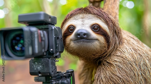 Sloth Curiously Observing Camera in Lush Tropical Forest Surrounded by Greenery