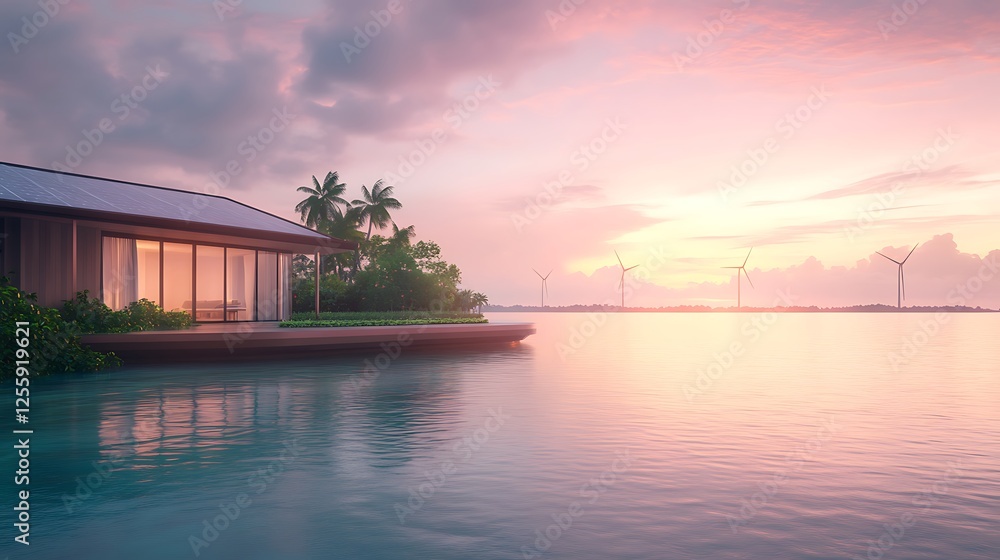 A serene tropical sunset over calm waters, featuring a modern villa with palm trees and wind turbines in the distance. A serene tropical sunset over calm waters, featuring a modern villa with palm trees and wind turbines in the distance.