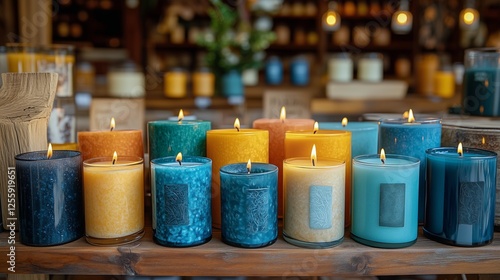 Colorful candles arranged beautifully on a wooden table in a cozy store