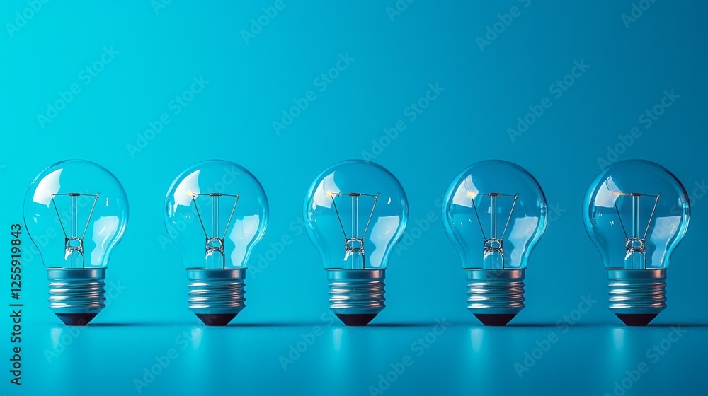 Five clear light bulbs line up elegantly against a vivid blue background, each bulb showcasing its intricate filament details and shining with potential energy, perfect for creative inspiration Five clear light bulbs line up elegantly against a vivid blue background, each bulb showcasing its intricate filament details and shining with potential energy, perfect for creative inspiration
