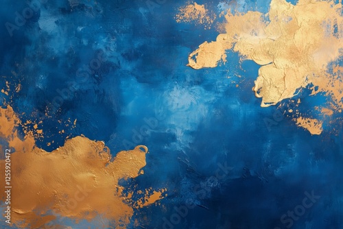 Vibrant blue abstract artwork with golden accents evoking a sense of tranquil...