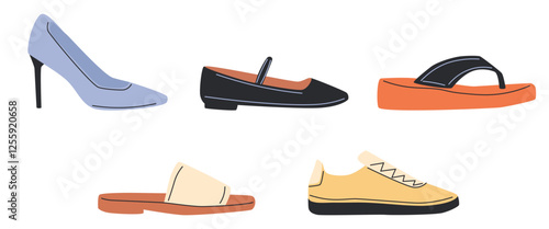 Various Shoes icons collection. Boots, sport shoes, sneaker, hiking footwear and other shoes for training.