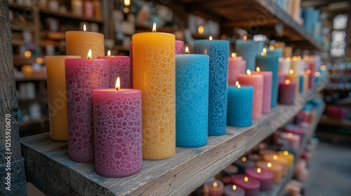 Colorful candles lit on shelves in a decorative store showcasing aromatic des...