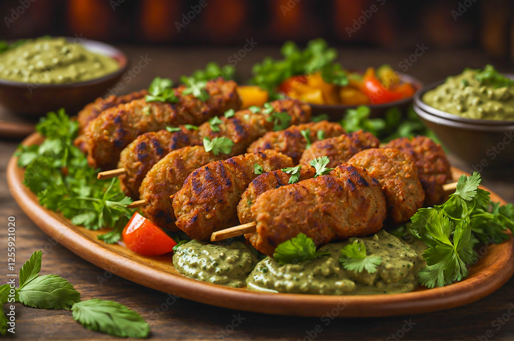 Mouthwatering close-up of shami kebabs served with fresh mint chutney, showcasing succulent grilled meat and vibrant flavors. Delicious cuisine Mouthwatering close-up of shami kebabs served with fresh mint chutney, showcasing succulent grilled meat and vibrant flavors. Delicious cuisine