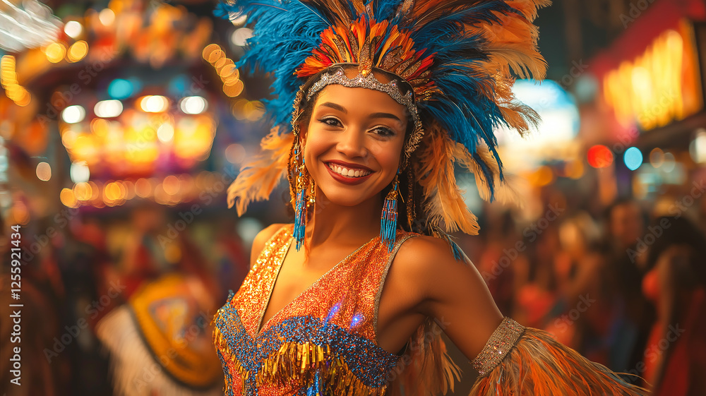 cute girl at brazilian carnival in feather costume smiling cute girl at brazilian carnival in feather costume smiling
