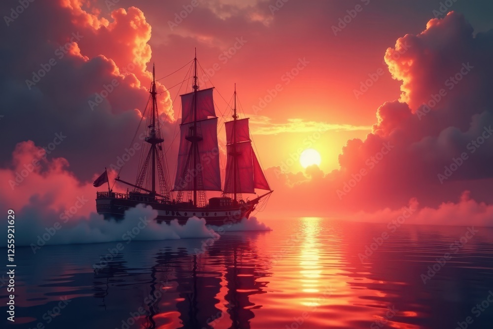 Fototapeta premium Fiery-sky backdrop; luminous ship sails on smoke-wreathed water , travel, horizon, adventure