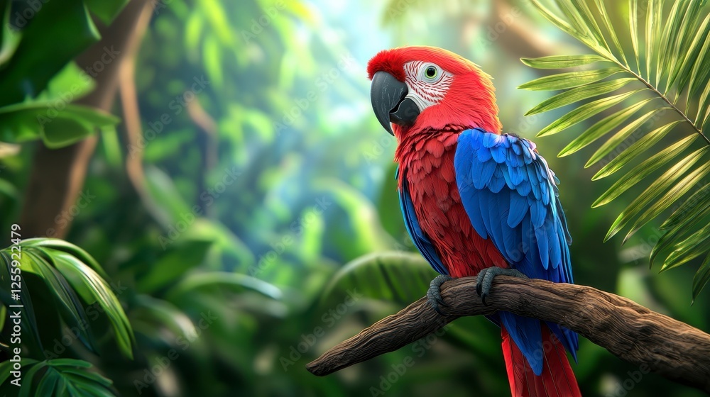 Obraz premium Vibrant Scarlet Macaw Parrot Perched on a Branch Surrounded by Lush Tropical Foliage
