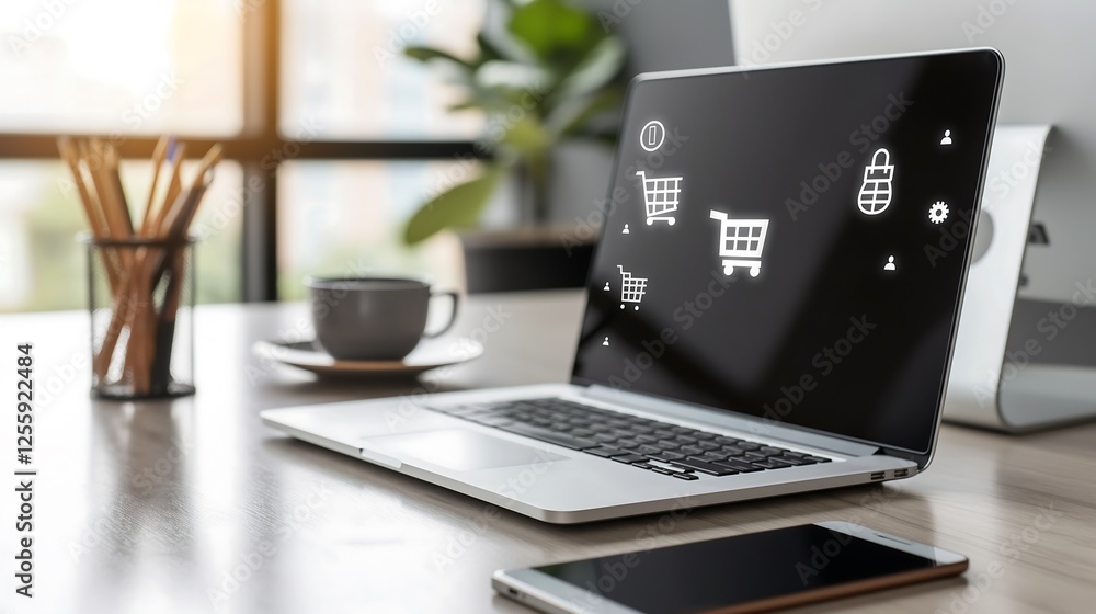 Fototapeta premium Augmented reality holograms projecting online store icons, shopping carts, and e-commerce transaction data above a sleek modern desk.