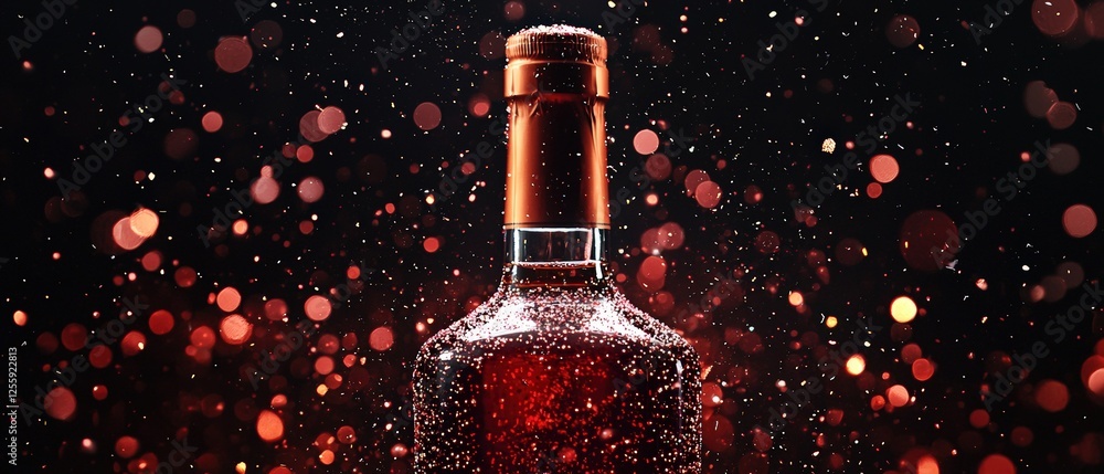 Fototapeta premium Elegant Bottle of Cognac Surrounded by Ruby Dust with Black Background and Floating Bokeh Light Effects