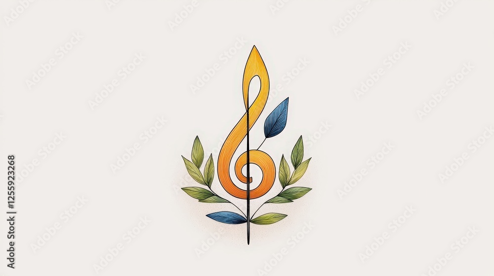 Artistic design of a musical treble clef surrounded by colorful leaves and plant motifs Artistic design of a musical treble clef surrounded by colorful leaves and plant motifs