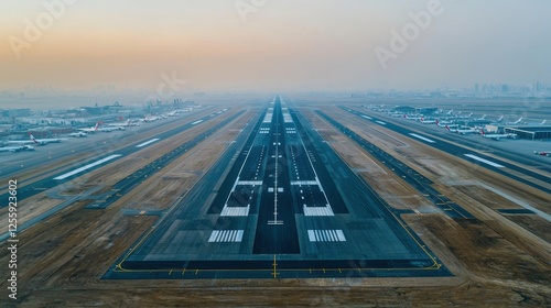 Tarmac airport runway, Aerial view of busy airport runway at sunrise with planes lined up on both sides.