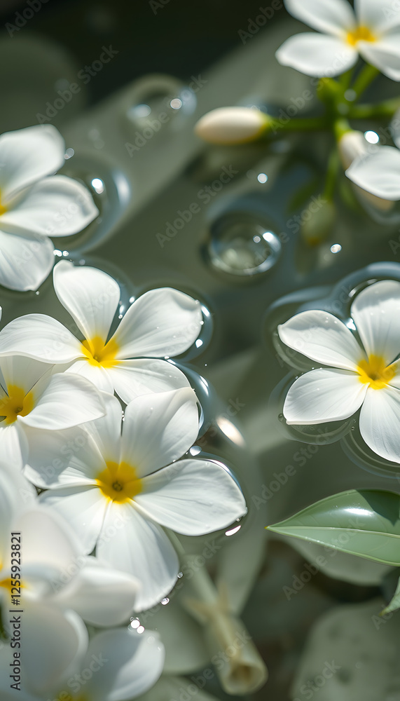 white flowers on the water with highlights and drops. the concept of care and cleansing, hyperrealism. with white shades white flowers on the water with highlights and drops. the concept of care and cleansing, hyperrealism. with white shades