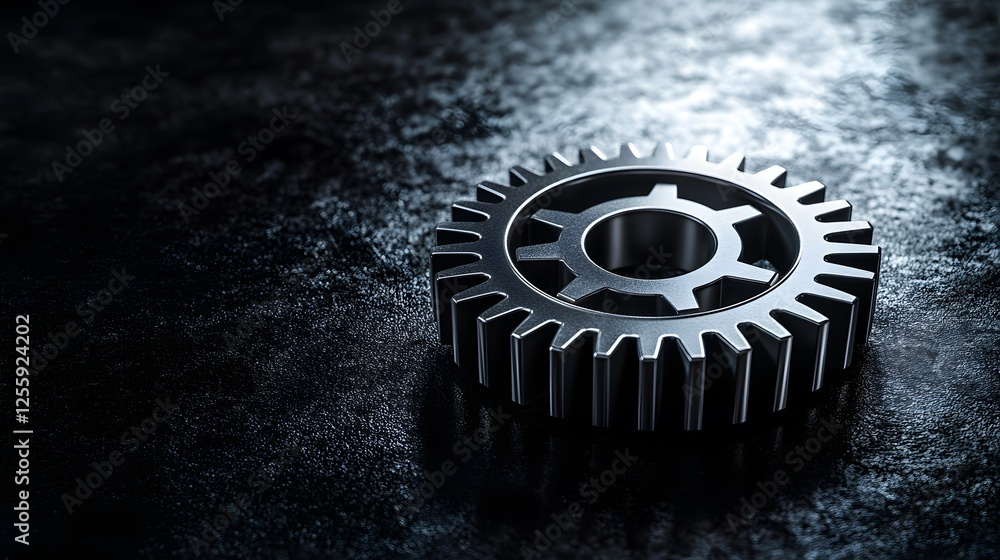 A Single Metallic Gear Resting On A Dark Surface A Single Metallic Gear Resting On A Dark Surface