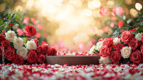 Wooden display with red and white roses and petals, bokeh background