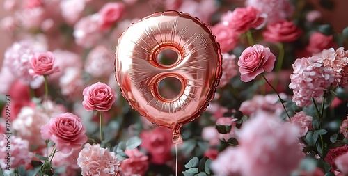 Rose Gold Number 8 Balloon with Pink Roses and Pastel Flowers