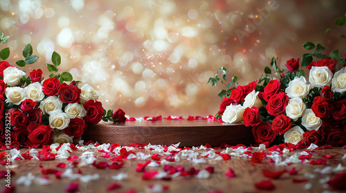 Red and white roses on display with petals and bokeh background for romance promotions