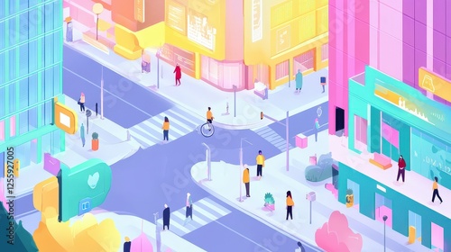 A bustling urban landscape features advanced technology with people interacting using devices, surrounded by modern architecture and signals representing seamless connectivity in a smart city.