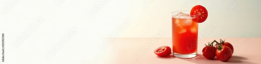 Glass of chilled tomato juice on pristine white, copy space available, summer, poster, cold