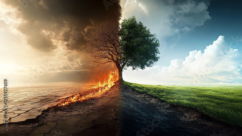 The clash of fire and green reflects global warming and climate change. Earth's ecology, global warming, dramatic environmental shifts, profound impact