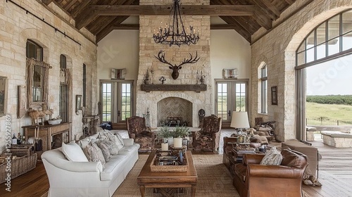Rustic Ranch Living Room, Texas Landscape View
