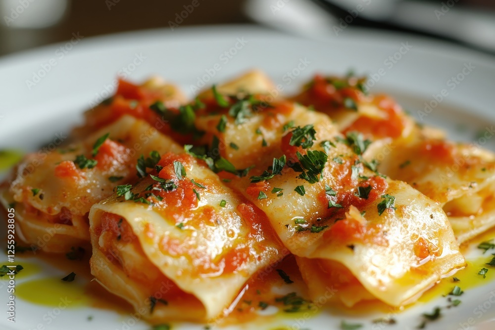 Flavorful homemade pasta topped with fresh herbs and rich tomato sauce served on a white plate Flavorful homemade pasta topped with fresh herbs and rich tomato sauce served on a white plate