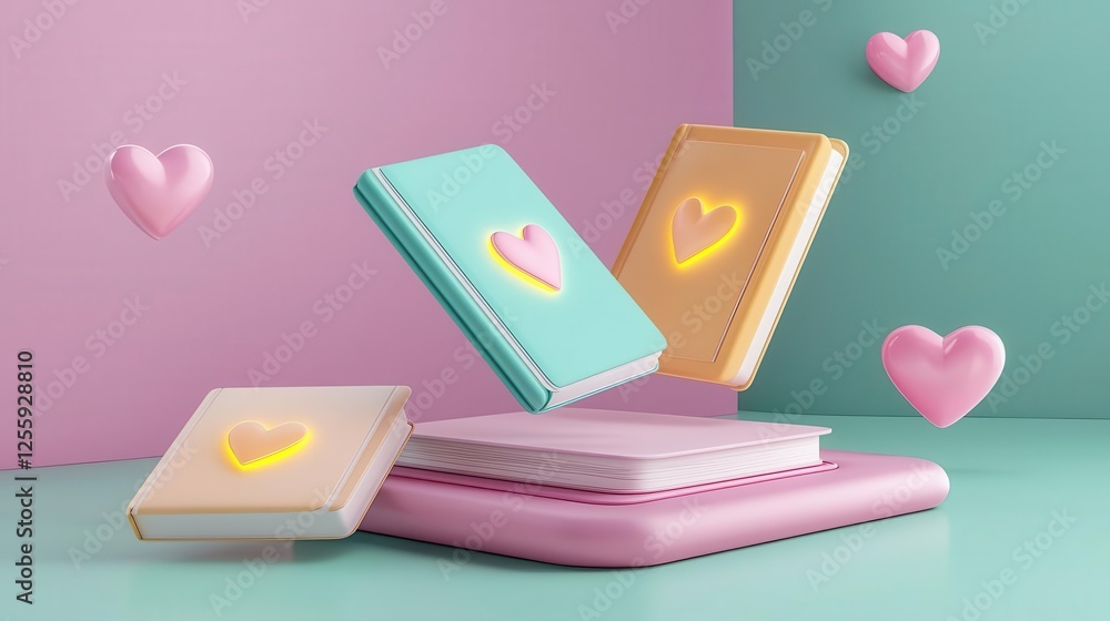 Colorful floating books with hearts in a playful setting. Colorful floating books with hearts in a playful setting.