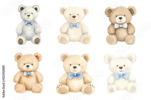 Wallpaper Mural Adorable Teddy Bear Collection: Six charming teddy bears in varying shades of beige, brown and white, each adorned with a light blue bow tie, sit in a row against a clean background. Torontodigital.ca