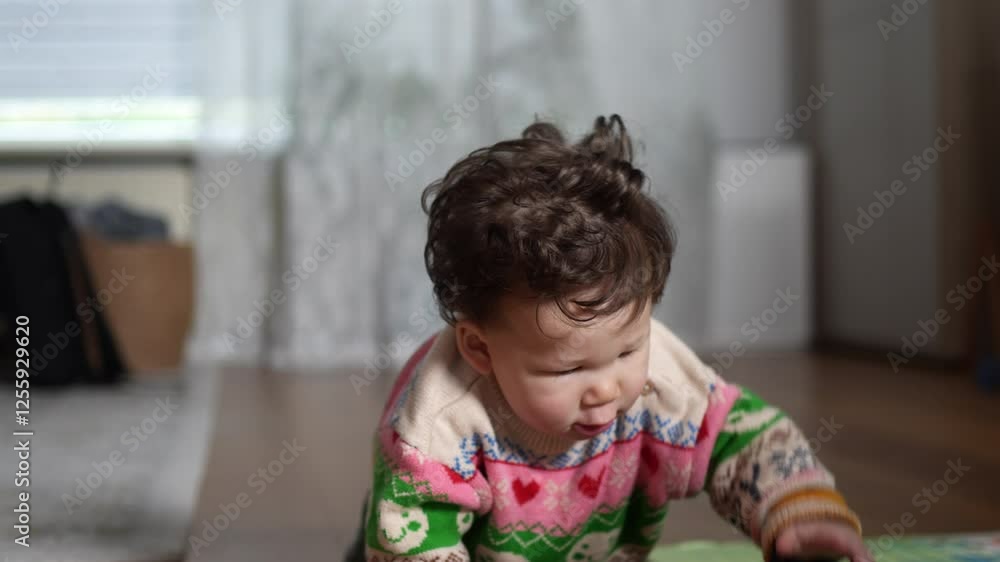 happy baby boy infant playfully crawling around the room towards the camera. happy baby boy infant playfully crawling around the room towards the camera.