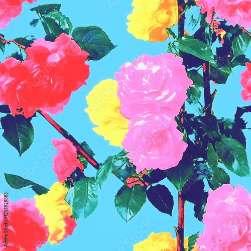 A striking pop art-inspired floral seamless pattern featuring bright pink ros...