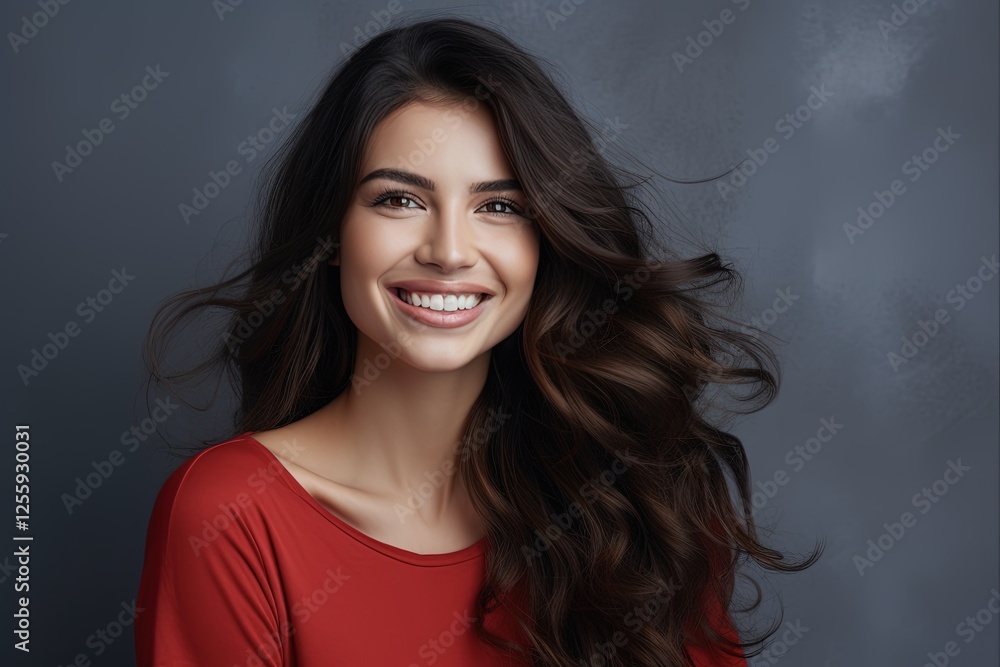 Brilliant Smile of Successful and Beautiful 30s Female Model with Red Lips and Long Hair Posing over Grey Wall Brilliant Smile of Successful and Beautiful 30s Female Model with Red Lips and Long Hair Posing over Grey Wall