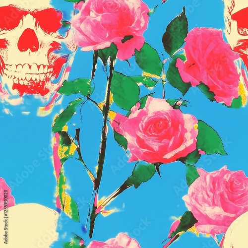 A striking pop art-inspired floral seamless pattern featuring bright pink ros...