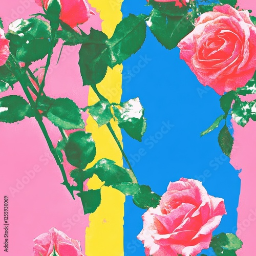 A striking pop art-inspired floral seamless pattern featuring bright pink ros...