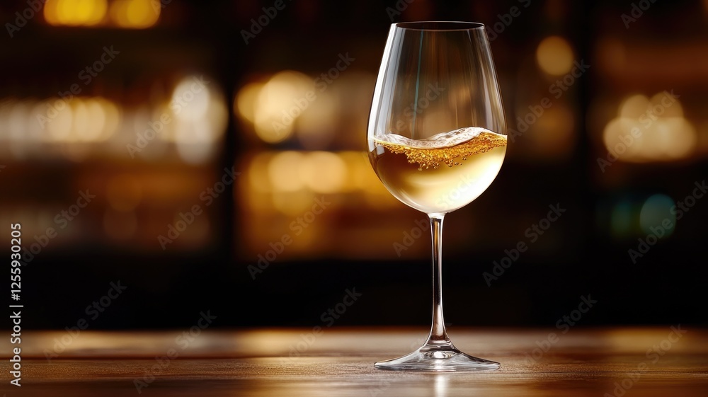 Elegant wine glass with sparkling white against blurred background Elegant wine glass with sparkling white against blurred background
