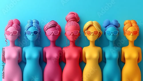 Trendy Women Figurines with Stylish Sunglasses on a Bright Blue Background