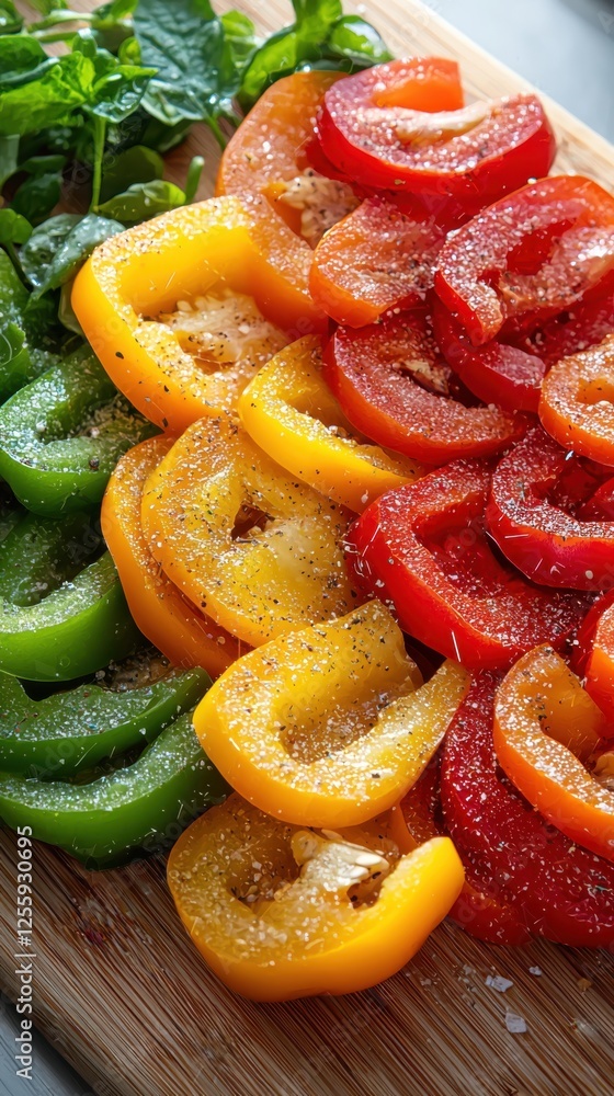 Vibrant bell peppers sliced on a cutting board kitchen food photography bright and colorful top-down view healthy eating concept Vibrant bell peppers sliced on a cutting board kitchen food photography bright and colorful top-down view healthy eating concept