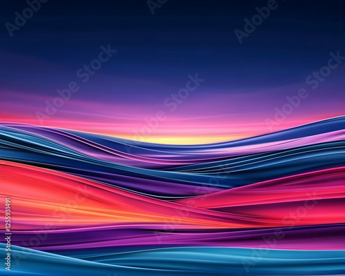 Vibrant waves flow through the landscape under a colorful sunset. Suitable as background, wallpaper, or screen saver to inspire peace photo