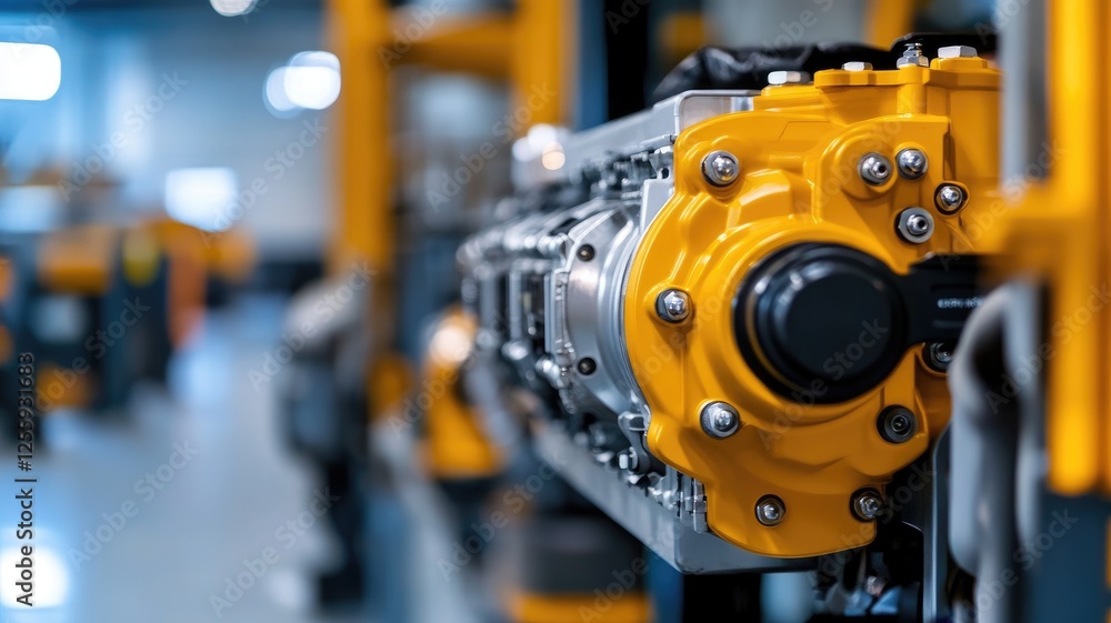 Fototapeta premium Close-up of yellow industrial machinery part in factory setting