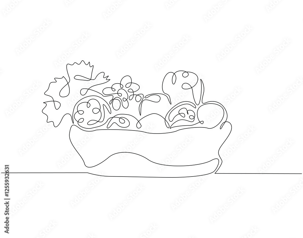 Continuous one line drawing of fresh vegetables in basket. One line drawing illustration of different vegetable in basket. Daily food concept single line. Editable outline Continuous one line drawing of fresh vegetables in basket. One line drawing illustration of different vegetable in basket. Daily food concept single line. Editable outline
